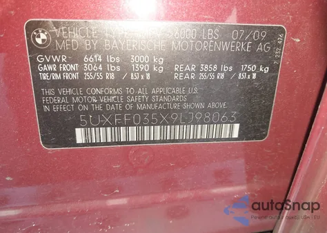 2009 BMW X5 xDrive35D z USA, uszkodzony, nr VIN 5UXFF035X9LJ98063